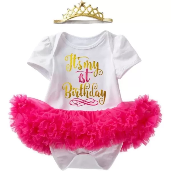 My 12 1st 2nd Birthday Outfit Girl Baby Romper Tutu DressShiny Crown Headband Cake Smash Dress Clothes 2PCS Skirt SetHot Pink 1st Birthday