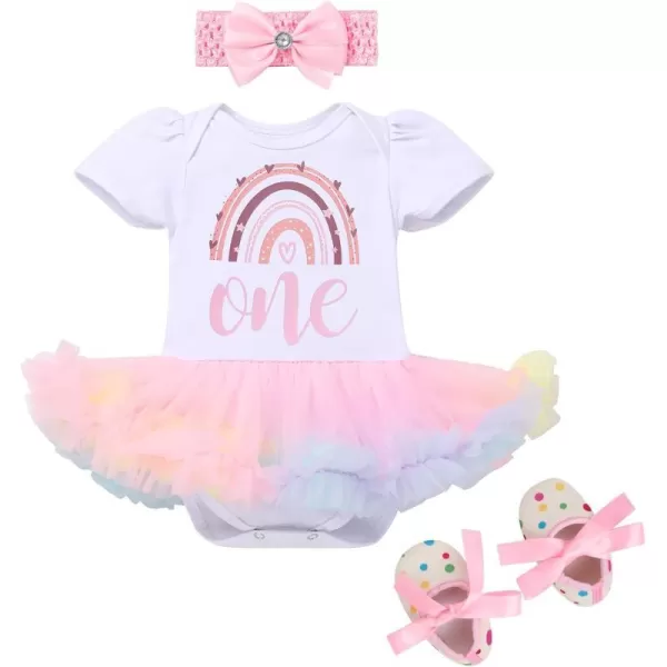 My 12 1st 2nd Birthday Outfit Girl Baby Romper Tutu DressShiny Crown Headband Cake Smash Dress Clothes 2PCS Skirt SetPink  Rainbow One