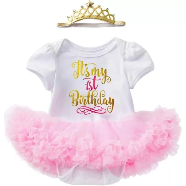 My 12 1st 2nd Birthday Outfit Girl Baby Romper Tutu DressShiny Crown Headband Cake Smash Dress Clothes 2PCS Skirt SetPink 1st Birthday