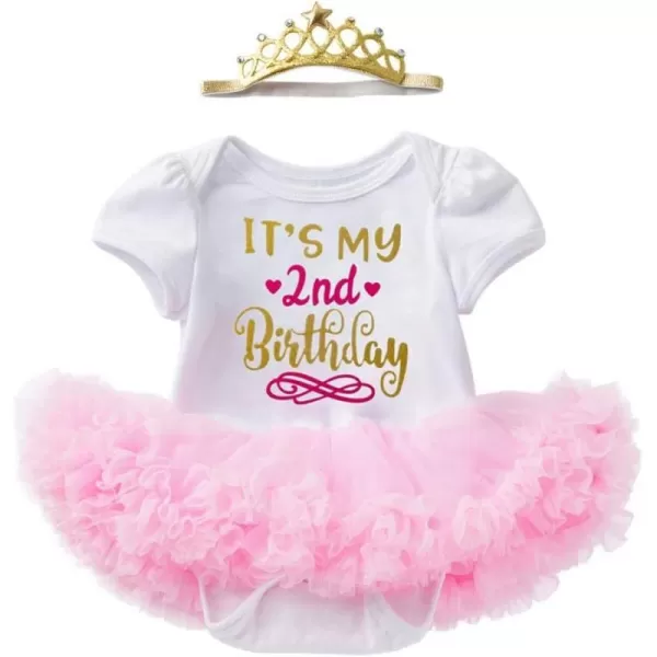 My 12 1st 2nd Birthday Outfit Girl Baby Romper Tutu DressShiny Crown Headband Cake Smash Dress Clothes 2PCS Skirt SetPink 2nd Birthday