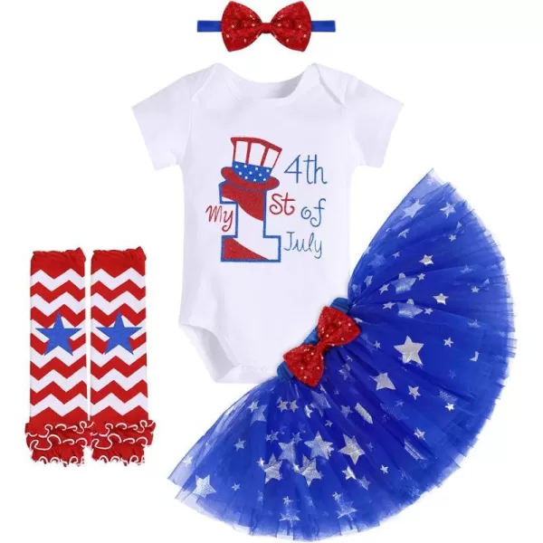 My 1st 4th of July Outfit Baby Girl RomperStar Tutu SkirtSequin HeadbandLeg Warmers Independence Day 4PCS Clothes Set001 White  Blue