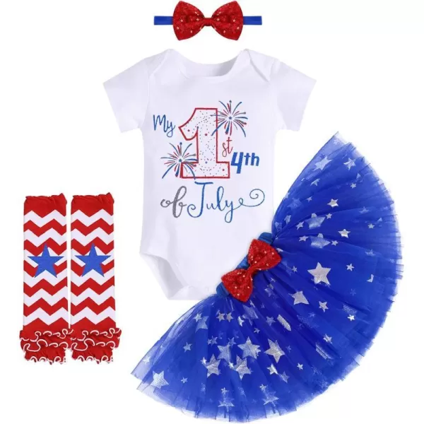 My 1st 4th of July Outfit Baby Girl RomperStar Tutu SkirtSequin HeadbandLeg Warmers Independence Day 4PCS Clothes Set003 White  Blue