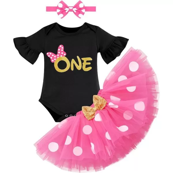 My 1st Birthday Baby Girl Mouse Cake Smash Outfit Polka Dot Romper Tutu Skirt Headband Dress Costume for Party Photo ShootBlack  Hot Pink