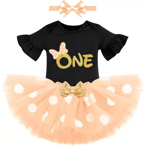 My 1st Birthday Baby Girl Mouse Cake Smash Outfit Polka Dot Romper Tutu Skirt Headband Dress Costume for Party Photo ShootBlack  Peach