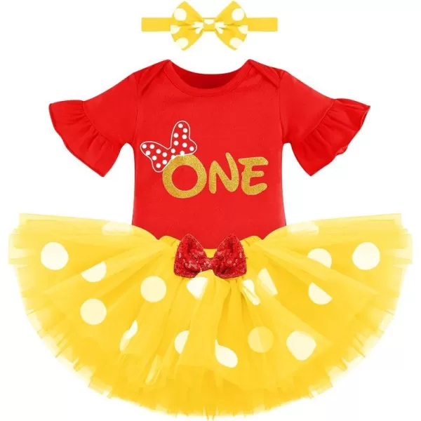 My 1st Birthday Baby Girl Mouse Cake Smash Outfit Polka Dot Romper Tutu Skirt Headband Dress Costume for Party Photo ShootRed  Yellow