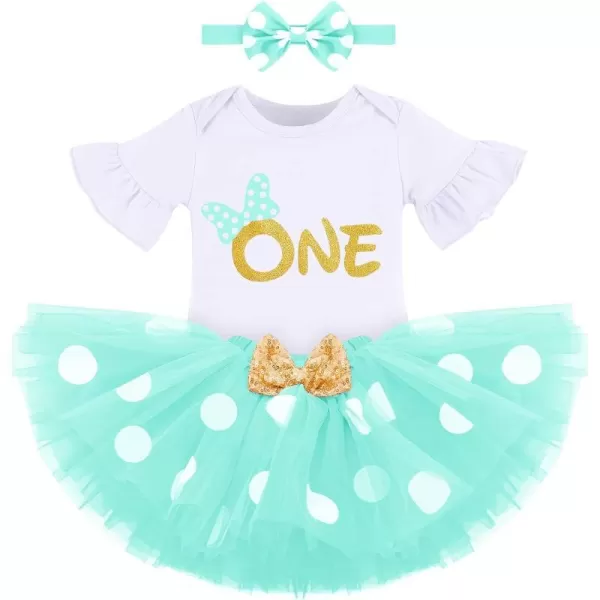 My 1st Birthday Baby Girl Mouse Cake Smash Outfit Polka Dot Romper Tutu Skirt Headband Dress Costume for Party Photo ShootWhite  Green