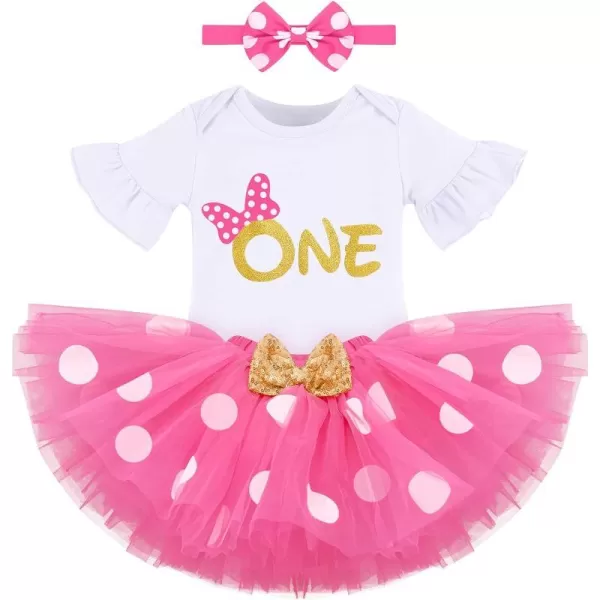 My 1st Birthday Baby Girl Mouse Cake Smash Outfit Polka Dot Romper Tutu Skirt Headband Dress Costume for Party Photo ShootWhite  Hot Pink