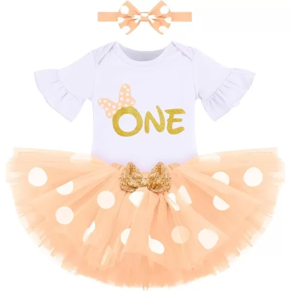 My 1st Birthday Baby Girl Mouse Cake Smash Outfit Polka Dot Romper Tutu Skirt Headband Dress Costume for Party Photo ShootWhite  Peach