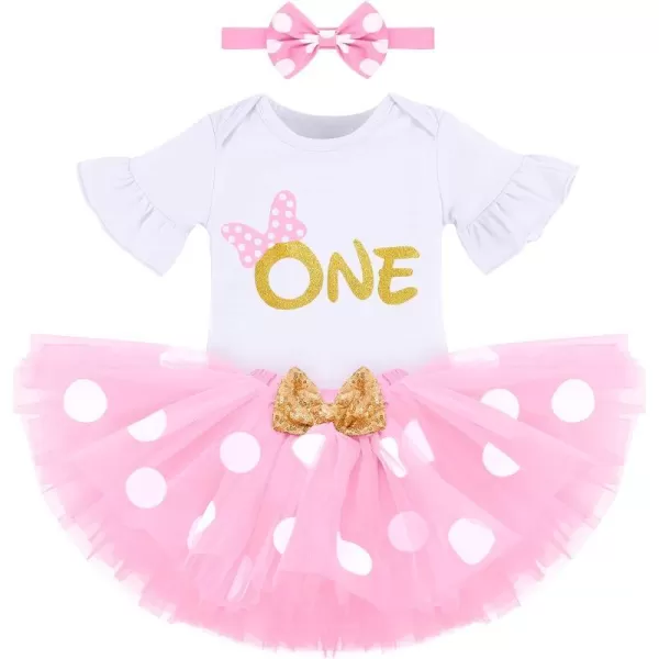 My 1st Birthday Baby Girl Mouse Cake Smash Outfit Polka Dot Romper Tutu Skirt Headband Dress Costume for Party Photo ShootWhite  Pink