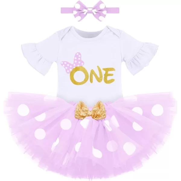 My 1st Birthday Baby Girl Mouse Cake Smash Outfit Polka Dot Romper Tutu Skirt Headband Dress Costume for Party Photo ShootWhite  Purple