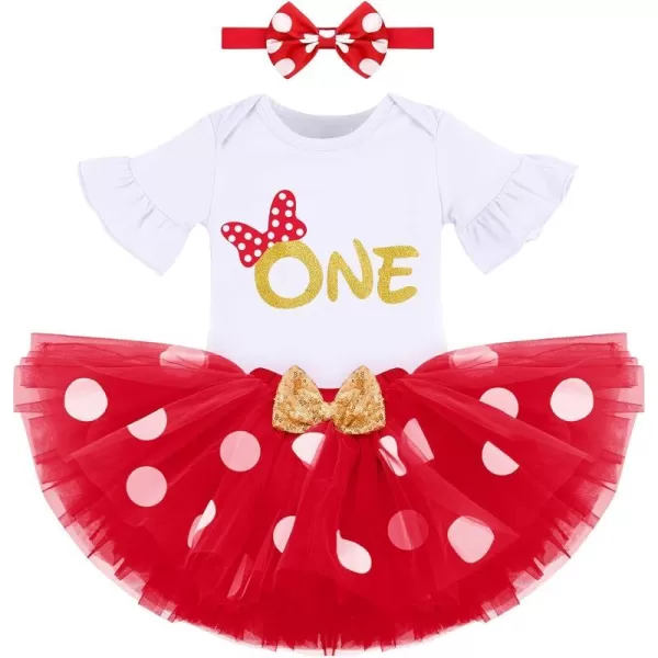 My 1st Birthday Baby Girl Mouse Cake Smash Outfit Polka Dot Romper Tutu Skirt Headband Dress Costume for Party Photo ShootWhite  Red