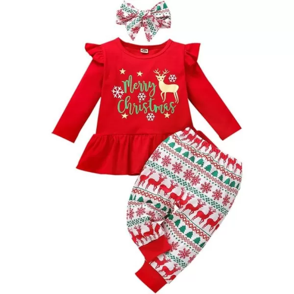 My First Christmas Baby Girl Outfits Long Sleeve Ruffled Toddler Dress Shirt Deer Print Top Plaid Strip Pant SetGreen Deer