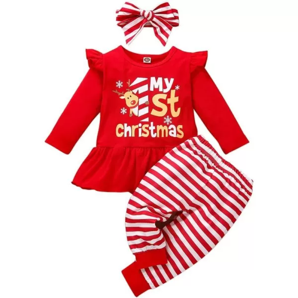 My First Christmas Baby Girl Outfits Long Sleeve Ruffled Toddler Dress Shirt Deer Print Top Plaid Strip Pant SetRed Strip