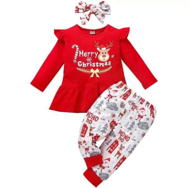 My First Christmas Baby Girl Outfits Long Sleeve Ruffled Toddler Dress Shirt Deer Print Top Plaid Strip Pant SetWhite Deer