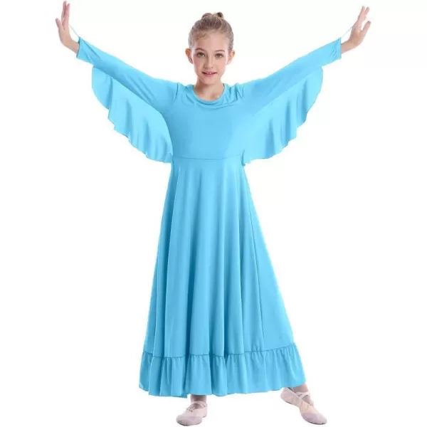 OwlFay Girls Angle Wings Priase Dance Dress Kids Ruffle Liturgical Lyrical Dancewear Long Sleeve Worship Dance Dress CostumeBlue