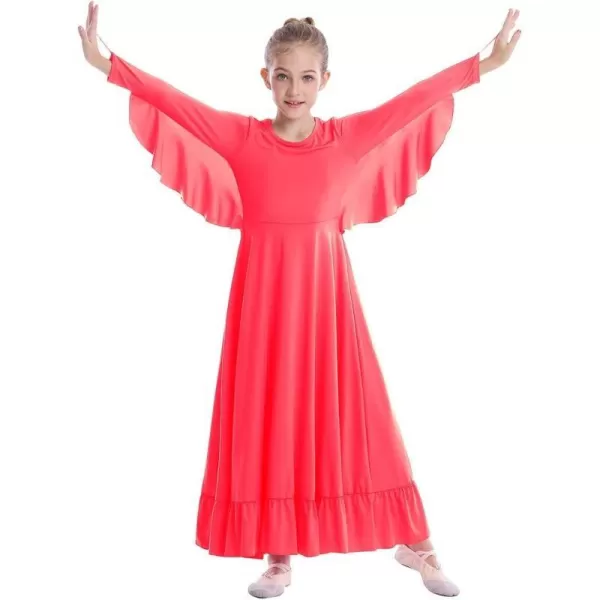 OwlFay Girls Angle Wings Priase Dance Dress Kids Ruffle Liturgical Lyrical Dancewear Long Sleeve Worship Dance Dress CostumeFluorescent Orange