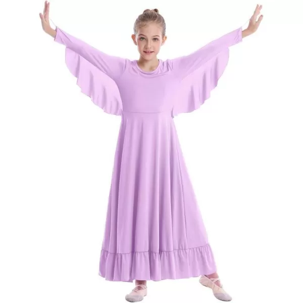 OwlFay Girls Angle Wings Priase Dance Dress Kids Ruffle Liturgical Lyrical Dancewear Long Sleeve Worship Dance Dress CostumeLight Purple