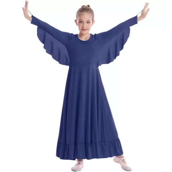 OwlFay Girls Angle Wings Priase Dance Dress Kids Ruffle Liturgical Lyrical Dancewear Long Sleeve Worship Dance Dress CostumeNavy Blue