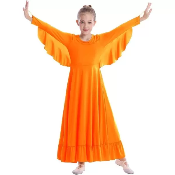 OwlFay Girls Angle Wings Priase Dance Dress Kids Ruffle Liturgical Lyrical Dancewear Long Sleeve Worship Dance Dress CostumeOrange