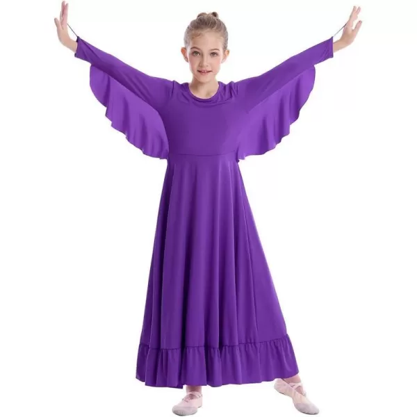 OwlFay Girls Angle Wings Priase Dance Dress Kids Ruffle Liturgical Lyrical Dancewear Long Sleeve Worship Dance Dress CostumePurple