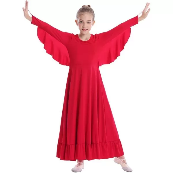 OwlFay Girls Angle Wings Priase Dance Dress Kids Ruffle Liturgical Lyrical Dancewear Long Sleeve Worship Dance Dress CostumeRed