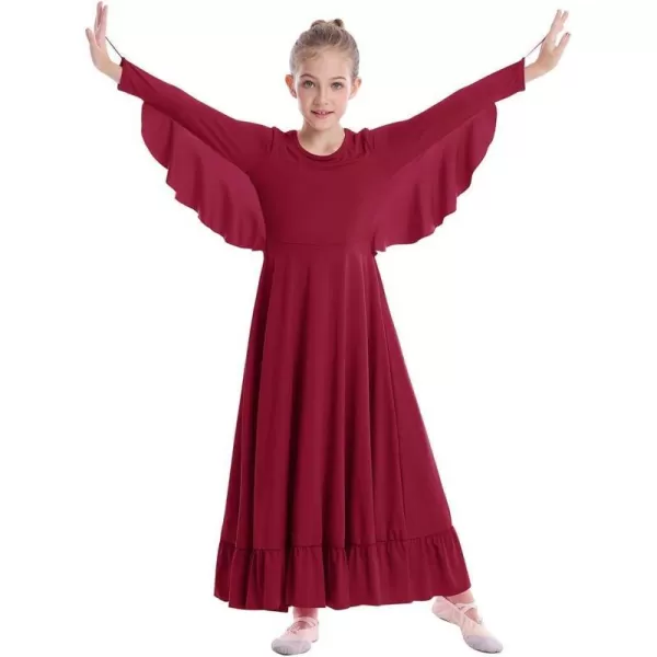 OwlFay Girls Angle Wings Priase Dance Dress Kids Ruffle Liturgical Lyrical Dancewear Long Sleeve Worship Dance Dress CostumeWine Red