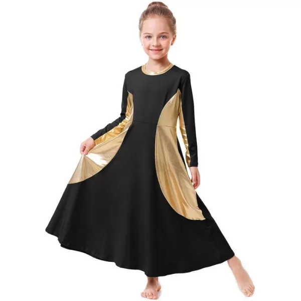 OwlFay Girls Metallic Gold Color Block Liturgical Praise Dance Dress Loose Fit Full Length Ruffle Tunic Skirt Worship CostumeBlack  Gold