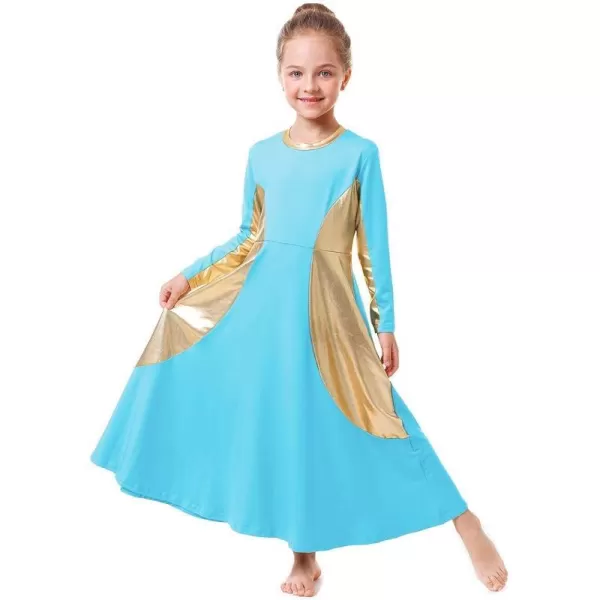 OwlFay Girls Metallic Gold Color Block Liturgical Praise Dance Dress Loose Fit Full Length Ruffle Tunic Skirt Worship CostumeBlue  Gold