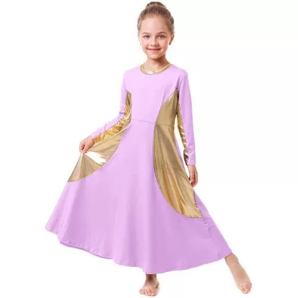 OwlFay Girls Metallic Gold Color Block Liturgical Praise Dance Dress Loose Fit Full Length Ruffle Tunic Skirt Worship CostumeLight Purple  Gold