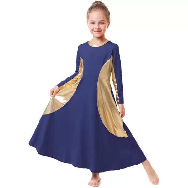 OwlFay Girls Metallic Gold Color Block Liturgical Praise Dance Dress Loose Fit Full Length Ruffle Tunic Skirt Worship CostumeNavy Blue  Gold