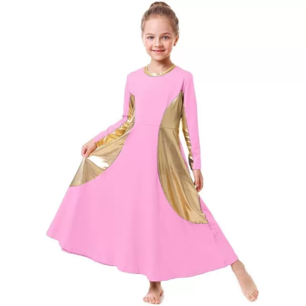 OwlFay Girls Metallic Gold Color Block Liturgical Praise Dance Dress Loose Fit Full Length Ruffle Tunic Skirt Worship CostumePink  Gold