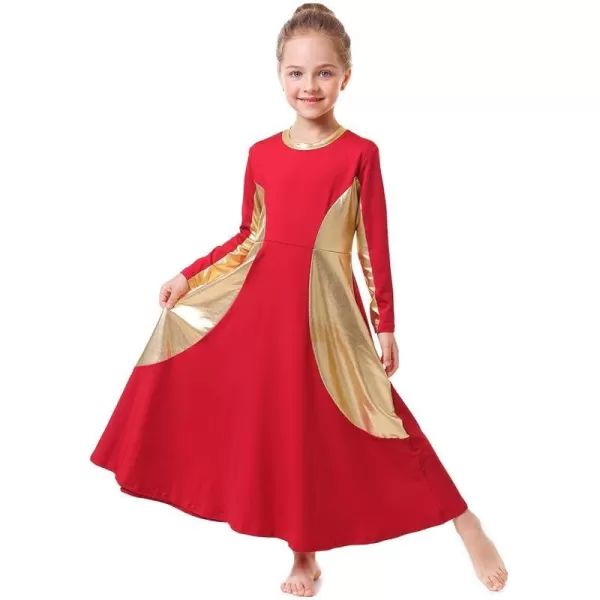 OwlFay Girls Metallic Gold Color Block Liturgical Praise Dance Dress Loose Fit Full Length Ruffle Tunic Skirt Worship CostumeRed  Gold