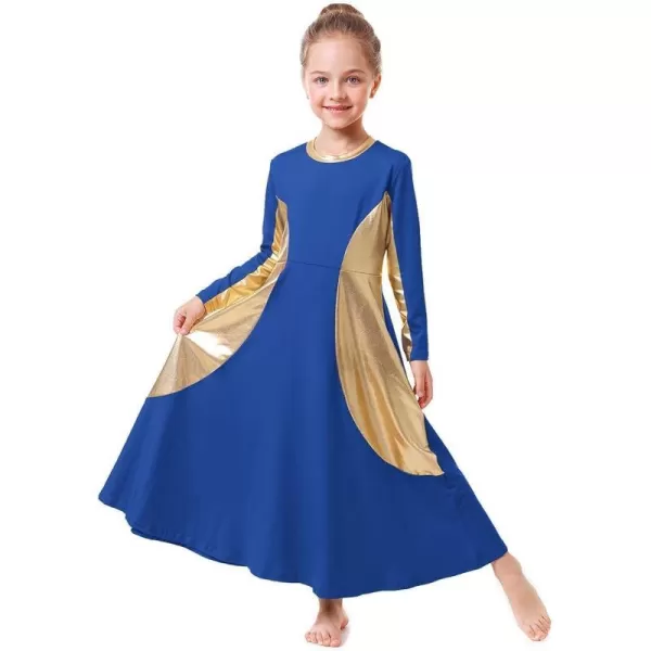 OwlFay Girls Metallic Gold Color Block Liturgical Praise Dance Dress Loose Fit Full Length Ruffle Tunic Skirt Worship CostumeRoyal Blue  Gold