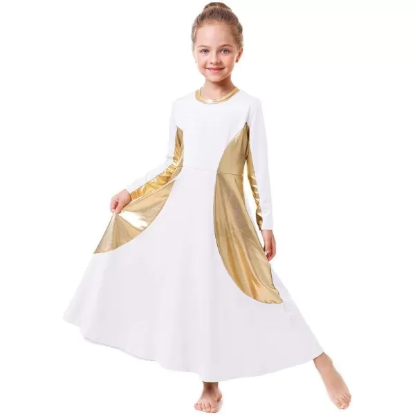 OwlFay Girls Metallic Gold Color Block Liturgical Praise Dance Dress Loose Fit Full Length Ruffle Tunic Skirt Worship CostumeWhite  Gold