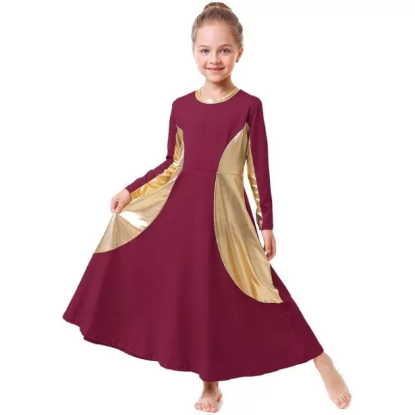 OwlFay Girls Metallic Gold Color Block Liturgical Praise Dance Dress Loose Fit Full Length Ruffle Tunic Skirt Worship CostumeWine Red  Gold