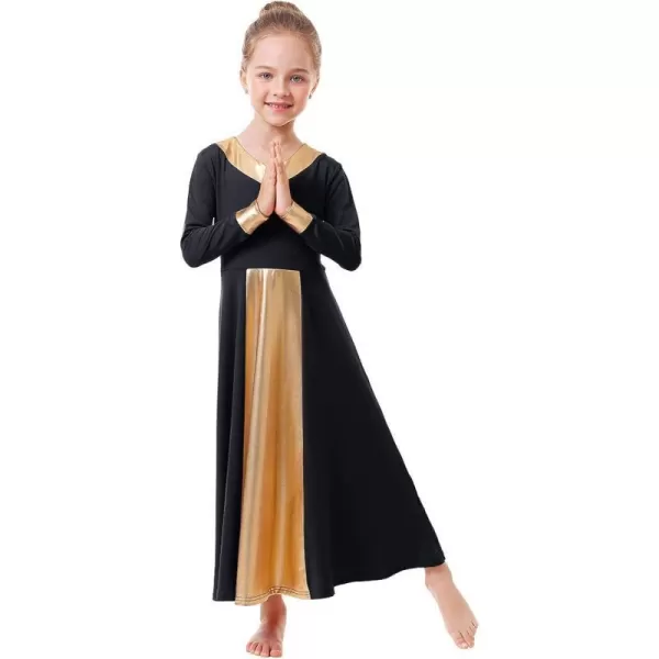 OwlFay Kid Girls Metallic Gold VNeck Long Sleeve Praise Dance Dresses Loose Fit Full Length Liturgical Lyrical Worship SkirtBlack  Gold