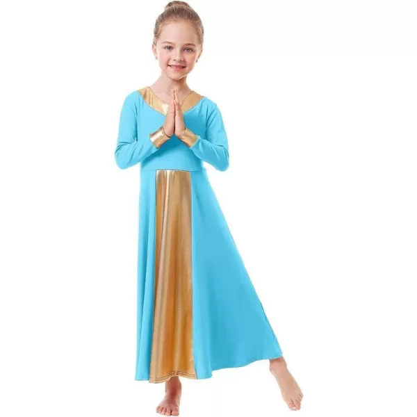 OwlFay Kid Girls Metallic Gold VNeck Long Sleeve Praise Dance Dresses Loose Fit Full Length Liturgical Lyrical Worship SkirtBlue  Gold