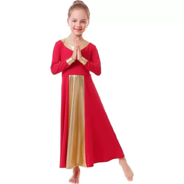 OwlFay Kid Girls Metallic Gold VNeck Long Sleeve Praise Dance Dresses Loose Fit Full Length Liturgical Lyrical Worship SkirtRed  Gold