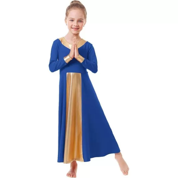 OwlFay Kid Girls Metallic Gold VNeck Long Sleeve Praise Dance Dresses Loose Fit Full Length Liturgical Lyrical Worship SkirtRoyal Blue  Gold