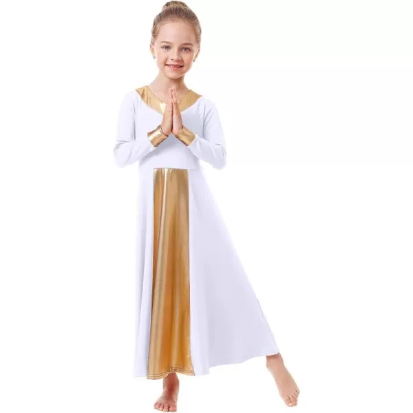 OwlFay Kid Girls Metallic Gold VNeck Long Sleeve Praise Dance Dresses Loose Fit Full Length Liturgical Lyrical Worship SkirtWhite  Gold