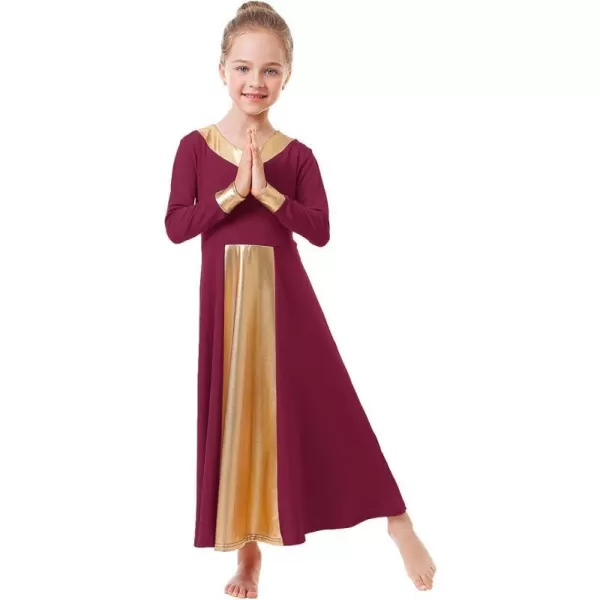 OwlFay Kid Girls Metallic Gold VNeck Long Sleeve Praise Dance Dresses Loose Fit Full Length Liturgical Lyrical Worship SkirtWine Red  Gold