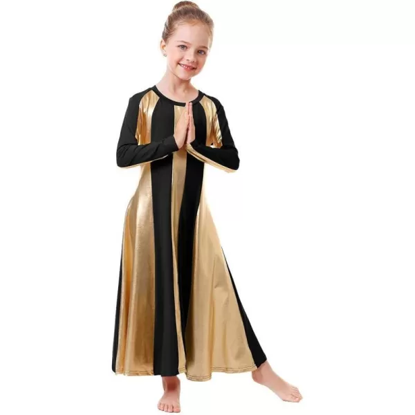 OwlFay Metallic Gold Praise Dance Dress for Girls Kids Long Sleeve Color Block Liturgical Lyrical Worship Dancewear CostumeBlack  Gold