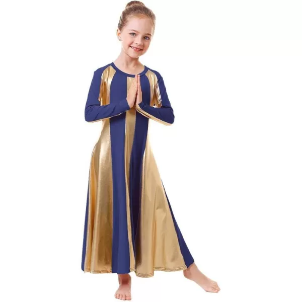 OwlFay Metallic Gold Praise Dance Dress for Girls Kids Long Sleeve Color Block Liturgical Lyrical Worship Dancewear CostumeNavy Blue  Gold