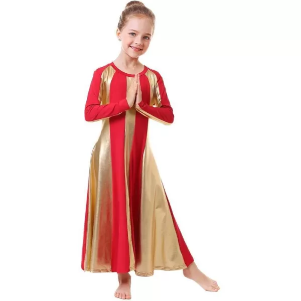 OwlFay Metallic Gold Praise Dance Dress for Girls Kids Long Sleeve Color Block Liturgical Lyrical Worship Dancewear CostumeRed  Gold