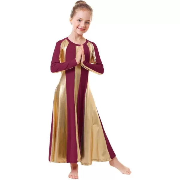 OwlFay Metallic Gold Praise Dance Dress for Girls Kids Long Sleeve Color Block Liturgical Lyrical Worship Dancewear CostumeWine Red  Gold