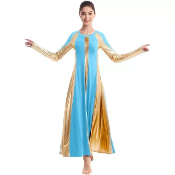 OwlFay Metallic Praise Dance Dress for Women Color Block Liturgical Full Length Swing Gown Ruffle Tunic Circle Skirt CostumeBlue 2