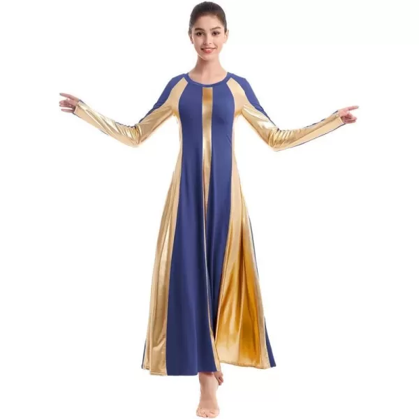 OwlFay Metallic Praise Dance Dress for Women Color Block Liturgical Full Length Swing Gown Ruffle Tunic Circle Skirt CostumeNavy Blue 2