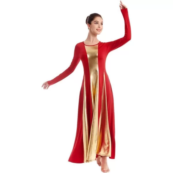 OwlFay Metallic Praise Dance Dress for Women Color Block Liturgical Full Length Swing Gown Ruffle Tunic Circle Skirt CostumeRed