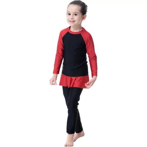 OwlFay Mu Swimsuit For Girls Kid Modest Full Cover Hijab Burkini Islamic Top Pants Cap Costume 3Pcs SetBlack  Red