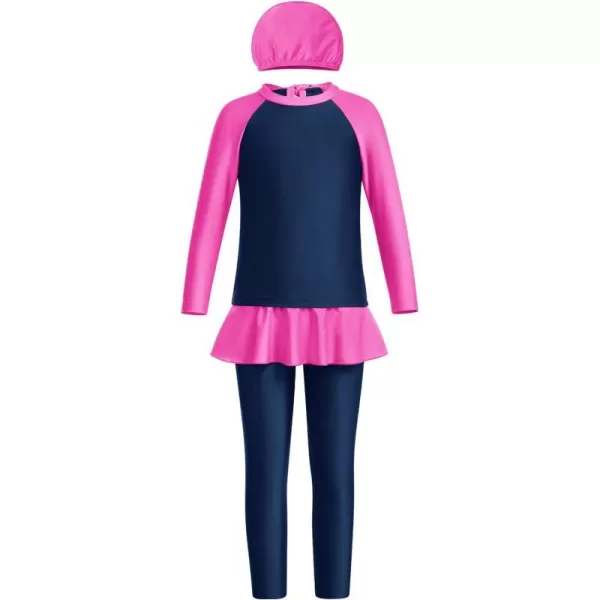 OwlFay Mu Swimsuit For Girls Kid Modest Full Cover Hijab Burkini Islamic Top Pants Cap Costume 3Pcs SetNavy Blue  Hot Pink